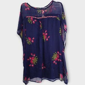 Antica Satori Dress Sz Medium Red Navy Chiffon Short Sleeve Sheer Mini‎ Cocktail